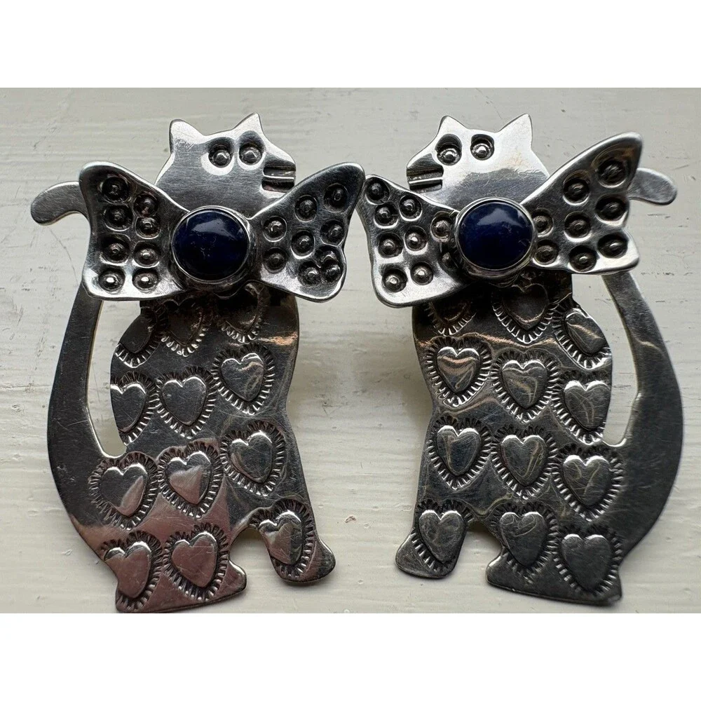 Grady Alexander Sterling Silver Lapis Cat Earrings Signed Vintage Southwest